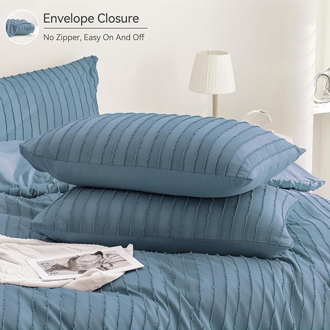 JELLYMONI Duvet Cover King Size Blue - 3PCS Boho Striped Duvet Cover Set Polyester Tufted Bohemian Textured Comforter Cover with Corner Ties & Zipper Closure