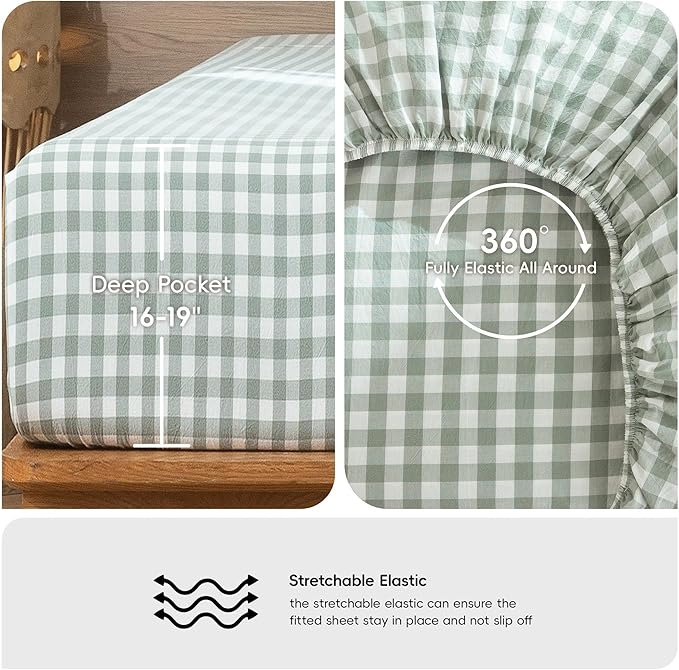 MooMee Gingham Sheet Set 100% Washed Cotton Linen Like Textured Breathable Soft w/Fully Elasticized 16-19" Deep Pocket (Classic Gingham Sage Green, Queen)