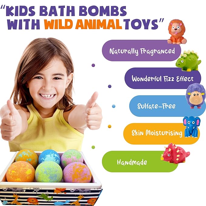 Bath Bombs for Kids with Toys Inside - Organic Bubble Bath Fizzies with Jungle Animal Toys. Gentle and Kids Friendly Spa Bath Balls, Bath Fizz Balls - Stocking Stuffers Christmas Gifts for Boy, Girls