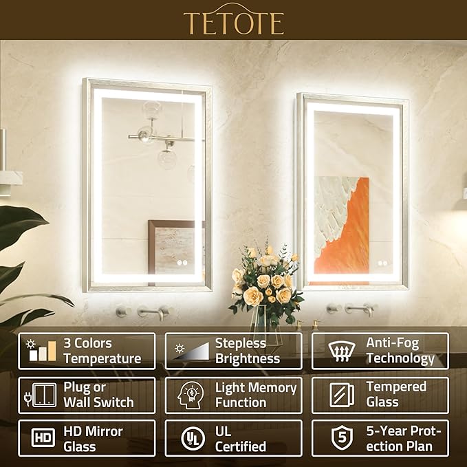 TETOTE 42 x 36 Led Mirror Brushed Bright Nickel Metal Frame Frontlit & Backlit Vanity Mirror Anti-Fog Stepless Dimmable 3 Colors White/Warm/Natural Wall Mirror with Lights Wall-Mounted