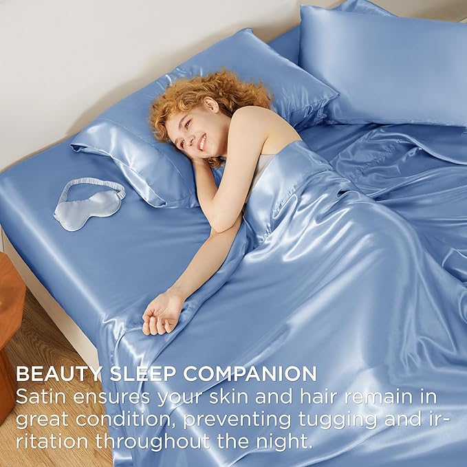 Bedsure Satin Sheets Full Size - 4 Piece Silky Bedsheets with 15 Inches Deep Pocket Fitted Bedsheet,1 Flat Sheet, 2 Satin Pillowcases, Good for Hair & Skin (Full, Sky Blue)