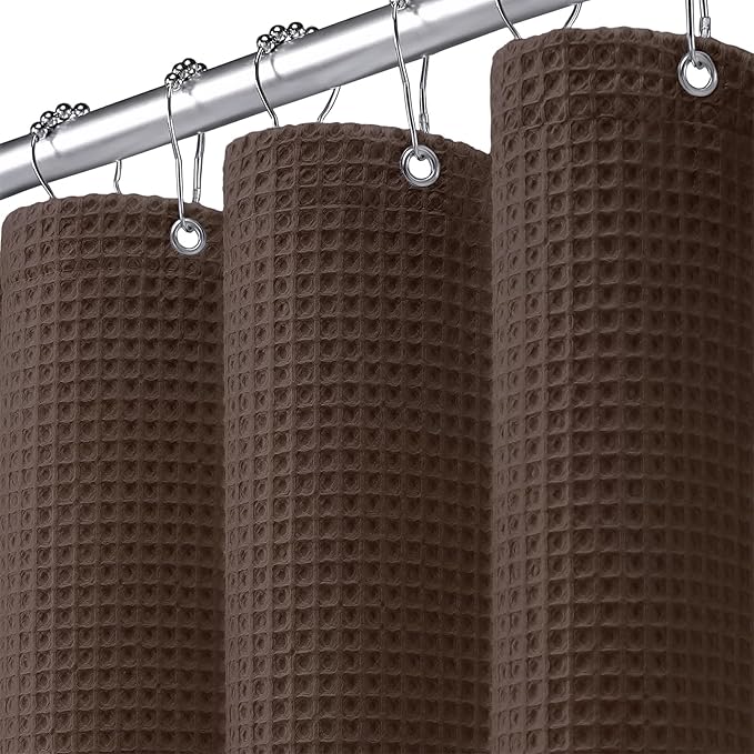 Extra Long Waffle Shower Curtain - Brown Cotton Texture Fabric Heavyweight Shower Curtain for Bathroom,72Wx90L