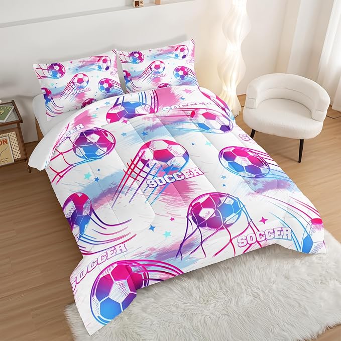 Ball Games Bedding Football Queen Comforter Set,Pink and Blue Soccers Stars Bedding Set for Kids Girls Boys Room Decor,Sports on The Court Aesthetic Bedding Sets with 2 Pillowcases.