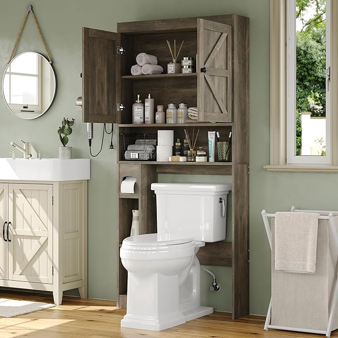 Furniouse Over The Toilet Storage Cabinet 32.3''W Wood Bathroom Storage Cabinet with Doors & Adjustable Shelves Free Standing Toilet Shelf, Gray