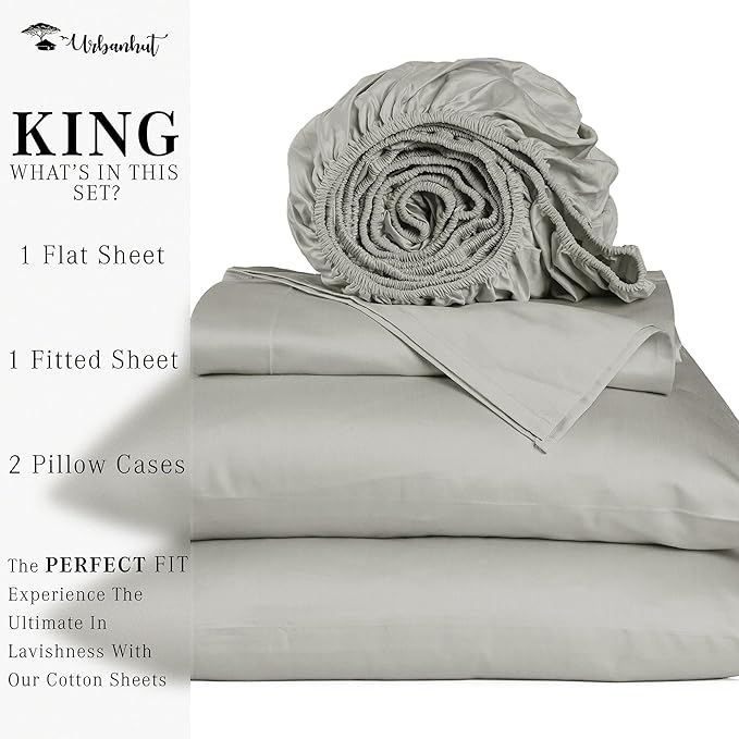 URBANHUT 1000 Thread Count Egyptian Cotton Sheets King Size, Breathable Long Staple, 4 Pc Bed Sheet Sets, Luxury Hotel Sateen Sheets Fits 16" Deep Pocket - Silver Grey