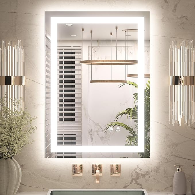 Keonjinn LED Bathroom Mirror with Lights 20 x 28 Inch, Brighter Frontlit & Backlit Vanity Mirror with 3 Color Lights, Lighted Bathroom Mirror with Anti-Fog, HD Tempered Glass, UL-Listed LED Driver