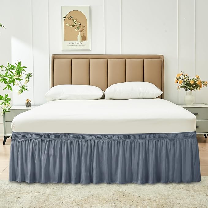 Biscaynebay Wrap Around Bed Skirts for King & Cal King Beds 11" Short Drop, Dark Grey Adjustable Elastic Dust Ruffles Easy Fit Wrinkle Resistant Silky Luxurious Fabric Machine Washable