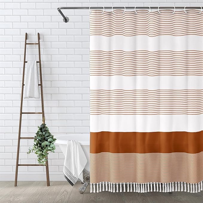 Awellife Boho Orange Shower Curtain for Bathroom Farmhouse Cotton Stripe Tassel Shower Curtain Natural Texture 72" L x 60" W