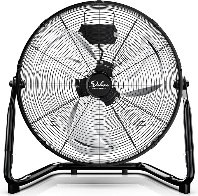Simple Deluxe 20 Inch 3-Speed High Velocity Heavy Duty Metal Industrial Floor Fan for Warehouse, Workshop, Factory and Basement, Black, 1 Pack