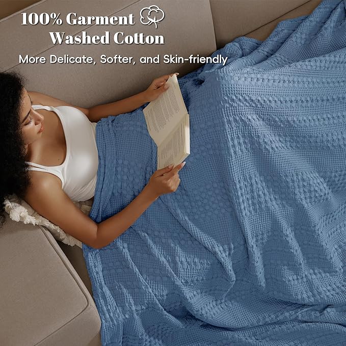 PHF 100% Cotton Waffle Weave Blanket Queen Size for Bed, Soft Lightweight & Breathable, All-Season Comfort, Luxury Aesthetic Woven Bedding for Home Decor, 90"x90", Denim Blue