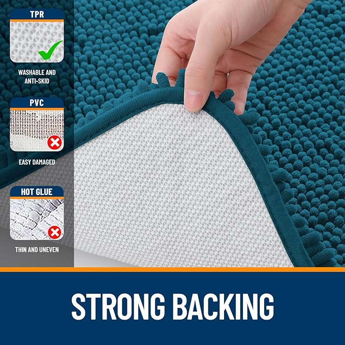 OLANLY Bathroom Rugs 47x17, Extra Soft Absorbent Chenille Bath Rugs, Rubber Backing Quick Dry, Machine Washable Bath Mats for Bathroom Floor, Tub and Shower, Home Decor Accessories, Peacock Blue