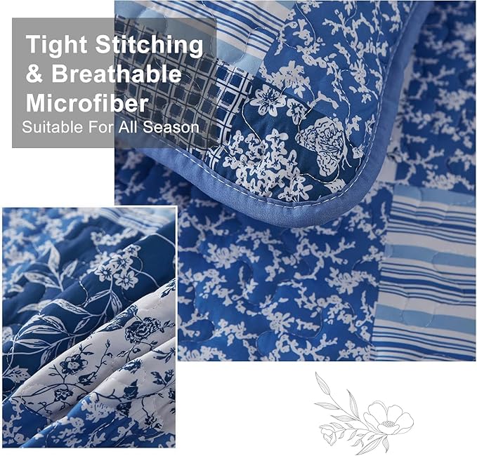 Mybedsoul Blue Quilt Set Twin Size, 2 Pieces Plaid Floral Bedspread Set Patchwork Reversible Bedding Set Microfiber Lightweight Bedspread Coverlet Set for All Season 68"x86"