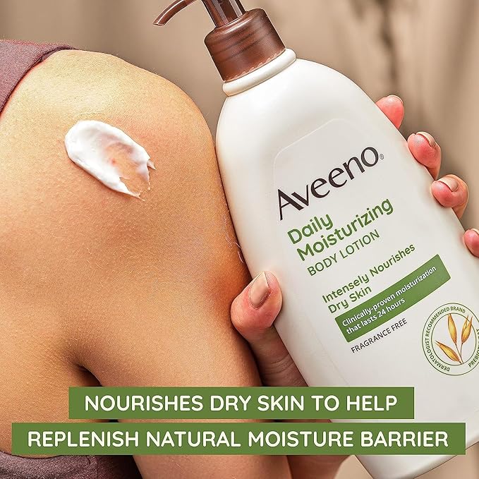 Aveeno Daily Moisturizing Body Lotion for Dry Skin with Prebiotic Oat, Fragrance & Paraben Free, Non-Greasy, Non-Comedogenic, for Sensitive Skin & 48-Hour Moisturizer 18 Fl Oz