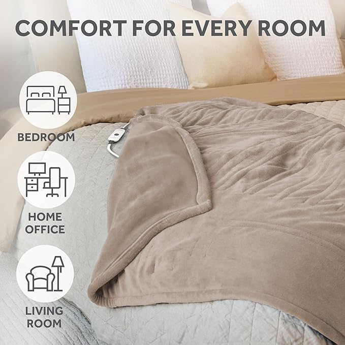 Sunbeam Electric Throw Royal Luxe Microplush Heated Blanket, 4 Heat Settings, 4-Hour Auto Shut-Off, Fast Heating, Warm and Cozy, Peyote Color, 50" x 60"