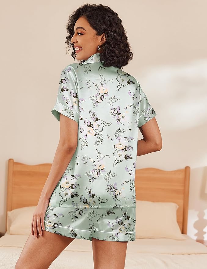 Ekouaer Pajamas for Women Set Silk Satin Pjs Shorts Sleepwear 2 Piece Loungewear S-XXL
