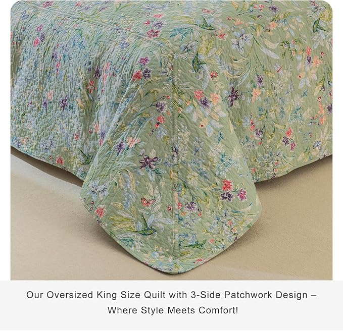 Lady Ann 100% Cotton Floral Oversized Queen Quilt Set - Green Flower Bird Butterfly Pattern Print Quilted 102x118 Bedspread & Coverlet Set, 3 PCS Lightweight Extra Soft Queen Bedding Sets All Season
