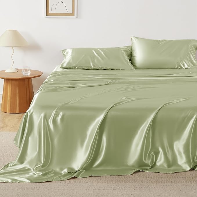 Bedsure Satin Sheets Full Size - 4 Piece Silky Bedsheets with 15 Inches Deep Pocket Fitted Bedsheet,1 Flat Sheet, 2 Satin Pillowcases, Good for Hair & Skin (Full, Sage Green)
