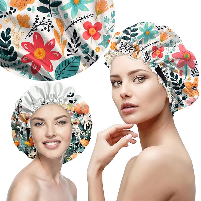 2 PCS Bonnets for Women Girls Satin Hair Bonnet Silk Adjustable Elastic Double Layer Hair Wrap Sleep Cap Comfort Cute-Red Flower