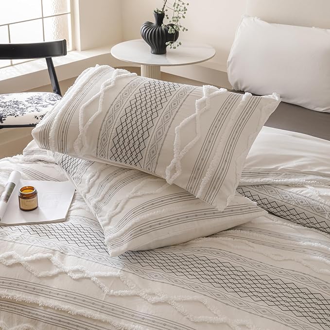 Cottonight White Black Boho Comforter Set Twin Farmhouse Tufted Bedding Set Soft Bohemain Shabby Chic Blanket Quilts Embroidery Rustic Luxury Soft 3PCS Bed Set for Women Men