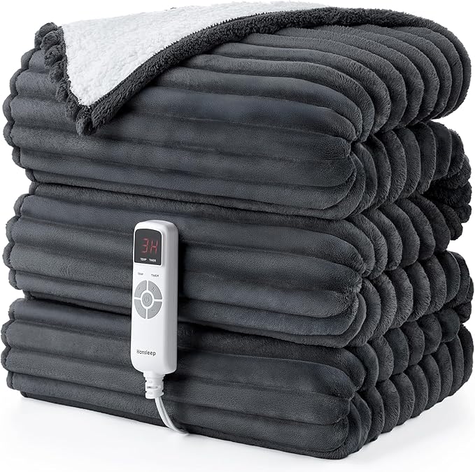 Hansleep Heated Blanket Electric Throw Full Size, Heating Blanket with 9 Heating Levels and 10-Hour Timer Auto Shut Off, Washable Soft Warm Winter Blanket, 72 x 84 Inches, Dark Grey