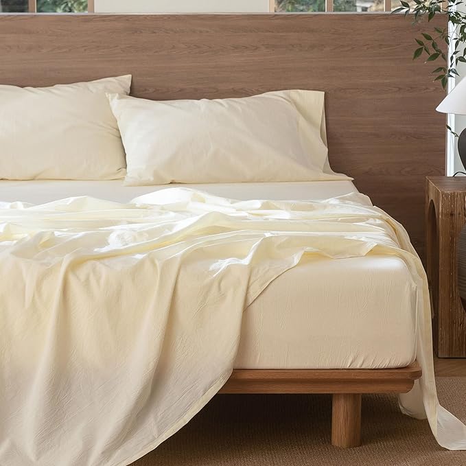 MooMee Bedding Sheet Set 100% Washed Cotton Linen Like Textured Breathable Durable Soft Comfy (Solid Cream White, King)
