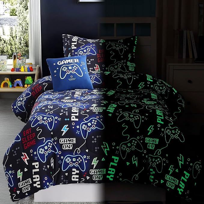 Full Size Comforter Set for Boys-4 Pieces Gamer Glow in The Dark Full Bedding Sets for Kids, 1 Comforter, 2 Shams and 1 Decor Pillow