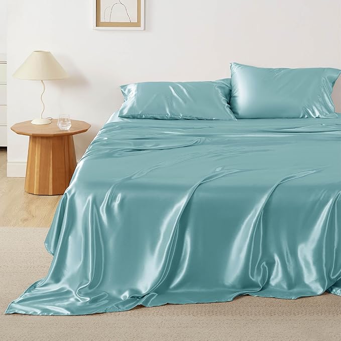Bedsure Satin Sheets Full Size - 4 Piece Silky Bedsheets with 15 Inches Deep Pocket Fitted Bedsheet,1 Flat Sheet, 2 Satin Pillowcases, Good for Hair & Skin (Full, Blue)