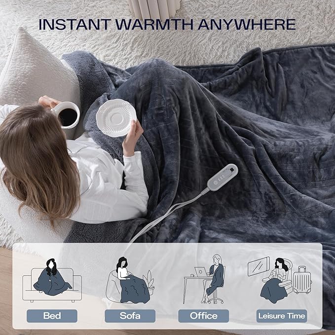 Heated Blanket Twin, Electric Blanket Soft Sherpa Flannel, 10 Hours Auto Shut-off & 8 Fast Heating Levels, Machine Washable ETL Certified, Heating Blanket for Bed & Sofa (62x84 inches, Gray)
