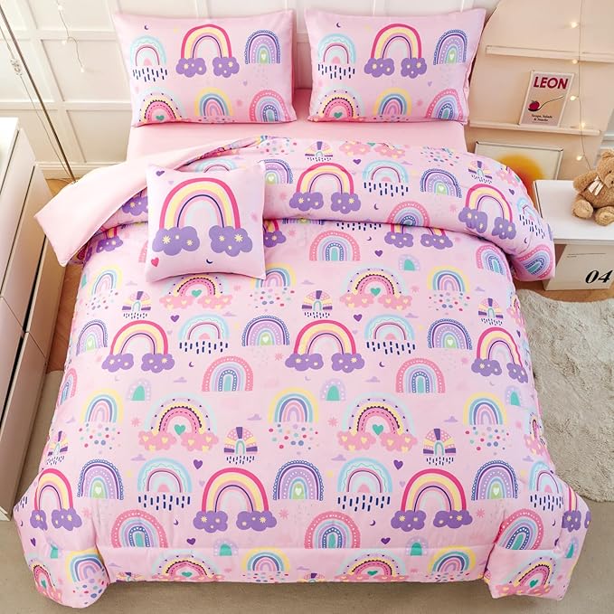 ANGIYUIN 6Pcs Girls Rainbow Comforter Set Queen Size Cute Clouds Kids Bedding Set Love Hearts and Stars Kid Bed Set for Girl Soft Lightweight Bed in A Bag with Sheets, Pink, Queen