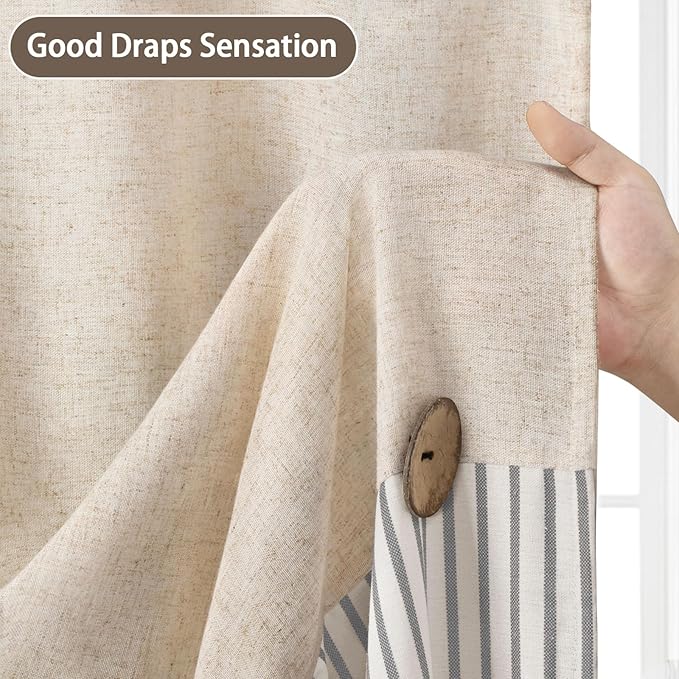Farmhouse Shower Curtain Linen Button Woven Fabric Country Rustic Western, Pleated Grey Stripe 72" W x 72" L