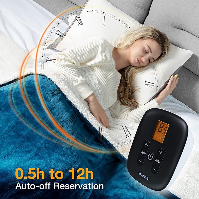 WOOMER Electric Blanket Twin Size,Durable Flannel and Soft Sherpa,Dual Control,62”×84” Heated Throw Blanket, 10 Heat Levels&0.5-12h auto-Off,Energy Efficient,ETL Certified