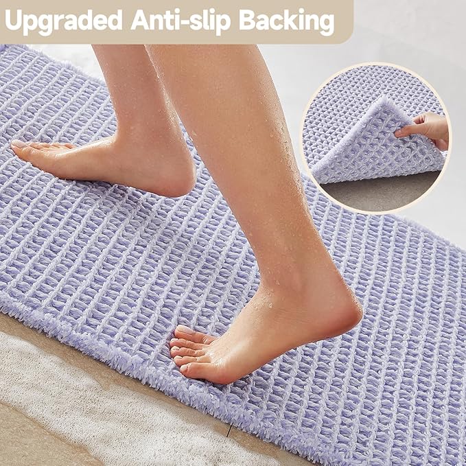 Waffle Bath Mat, Boho Bathroom Rugs Non Slip Washable Super Absorbent Quick Dry Cute Bath Mat Farmhouse Bathroom Decor, 24''x16'' Lavender Cream