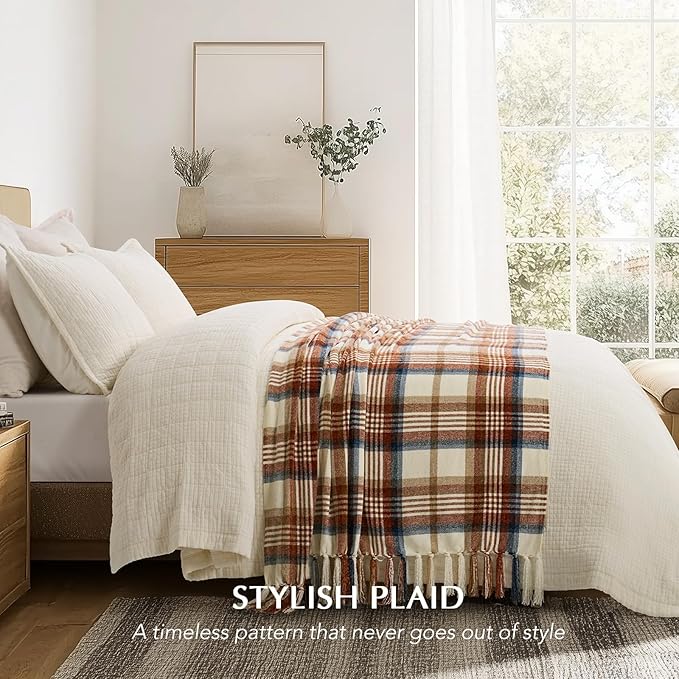 EVERGRACE Plaid Chenille Throw Blanket for Couch, Super Soft Cozy Decorative Fall Throw with Tassels for Bed Sofa Farmhouse Decor, Lightweight Harvest Plaid Throw for Autumn, 50"x60"