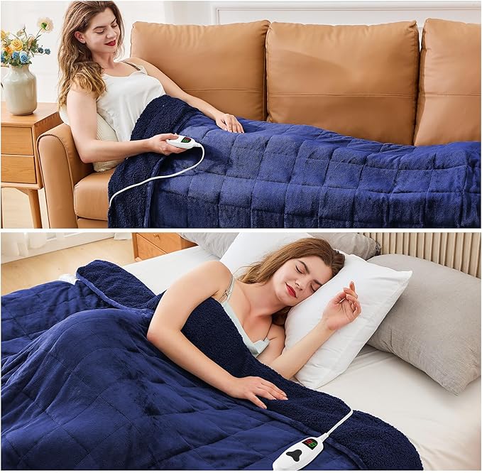 CYMULA Heated Weighted Blanket for Adults, Weighted Heated Blanket 50" x 60", 13lbs Sherpa Fleece Weighted Electric Blanket Soft Heating Blanket with 10 Heating Levels & 1-8 Hours Auto Off, Navy