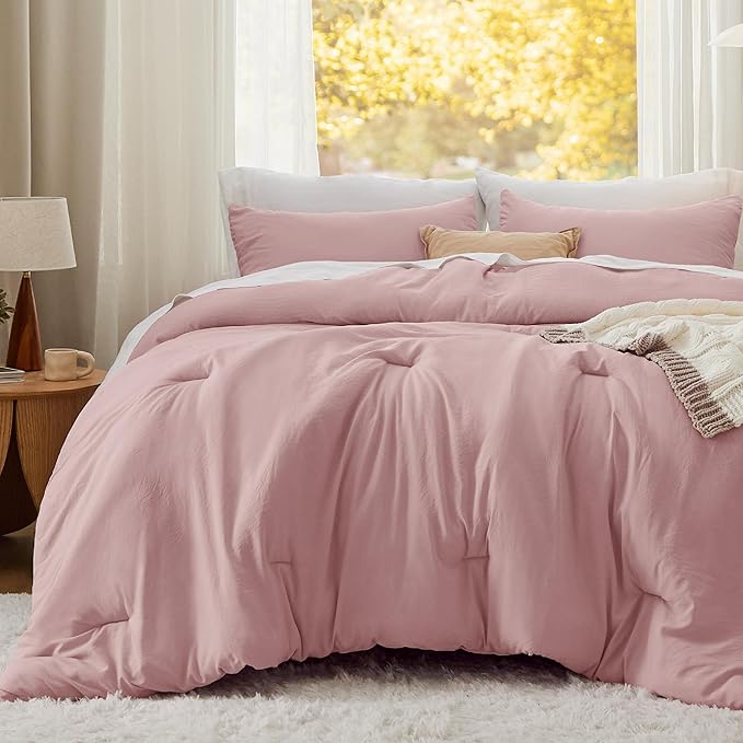 Bedsure Queen Size Comforter Set, Pink Soft Prewashed Bedding for All Seasons, 3 Pieces GentleSoft™ Warm Down Alternative Bed Set, 1 Lightweight Comforter (90"x90") and 2 Pillowcases (20"x26")