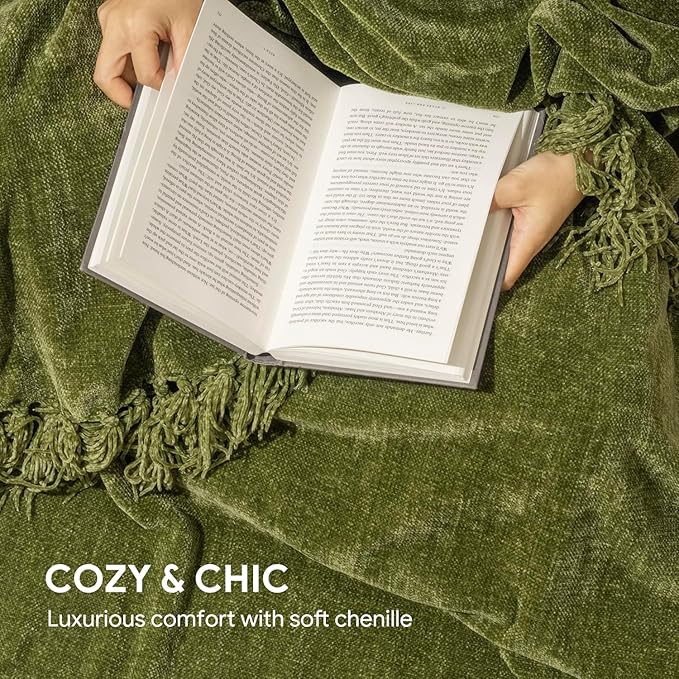 RECYCO Throw Blanket Soft Cozy Chenille Throw Blanket with Fringe Tassel for Couch Sofa Chair Bed Living Room Gift (Loden Green, 60'' x 80'')