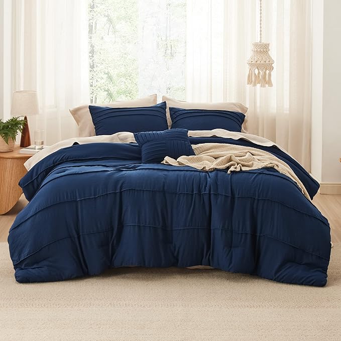 Bedsure Navy Blue California King Comforter Set - 4 Pieces Pinch Pleated Bed Set, Down Alternative Bedding Sets for All Season, Includes 1 Comforter, 2 Pillowcases, and 1 Decorative Pillow