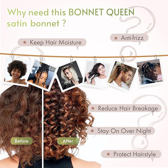 BONNET QUEEN Silk Bonnet for Sleeping Women Satin Bonnet Night Sleep Cap Wrap for Curly Hair with Adjustable Tie Band, Single Layer, Chocolate