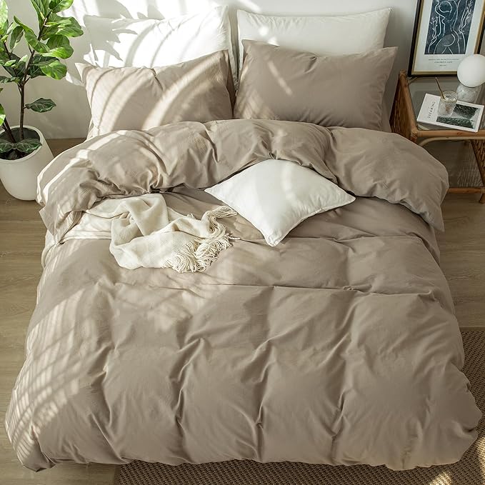 MooMee Bedding Duvet Cover Set 100% Washed Cotton Linen Like Textured Breathable Durable Soft Comfy (Solid Light Camel, Twin 68"x90")