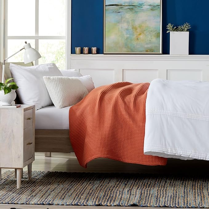 100% Cotton Waffle Weave Bed Blanket | Soft, Breathable, and Lightweight Blanket for All-Season | Perfect for Layering | Brielle Collection (King, Burnt Orange)