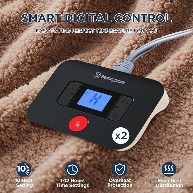 Westinghouse Electric Blanket King Size, Soft Plush Sherpa Heated Blanket with 10 Heating Levels & 1-12 Hours Auto-Off, Machine Washable, 100x90 inches, Camel