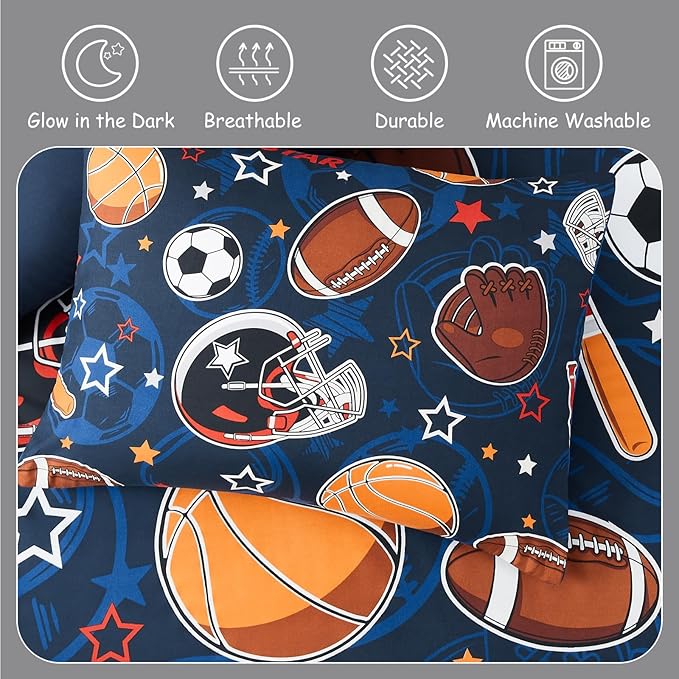 Kids Comforter Set Twin Size for Boys, Glow in The Dark Ball Games Bedding Set 1 Comforter, 1 Decor Pillow, 1 Pillow Shams