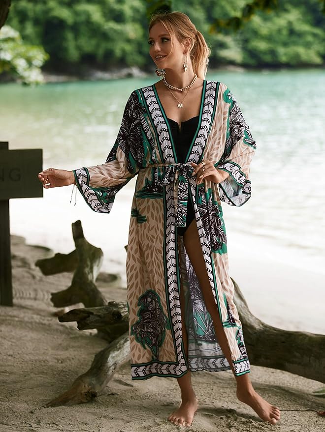 Women Casual Open Front Lightweight Cardigan Long Beach Kimono Cover Up