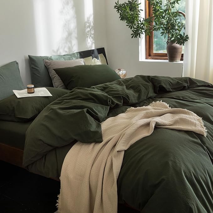 FOSSA Duvet Cover Set 100% Washed Cotton Linen Feel Super Soft Breathable Cozy 3 Pieces Bedding Sets Solid Olive Green California King