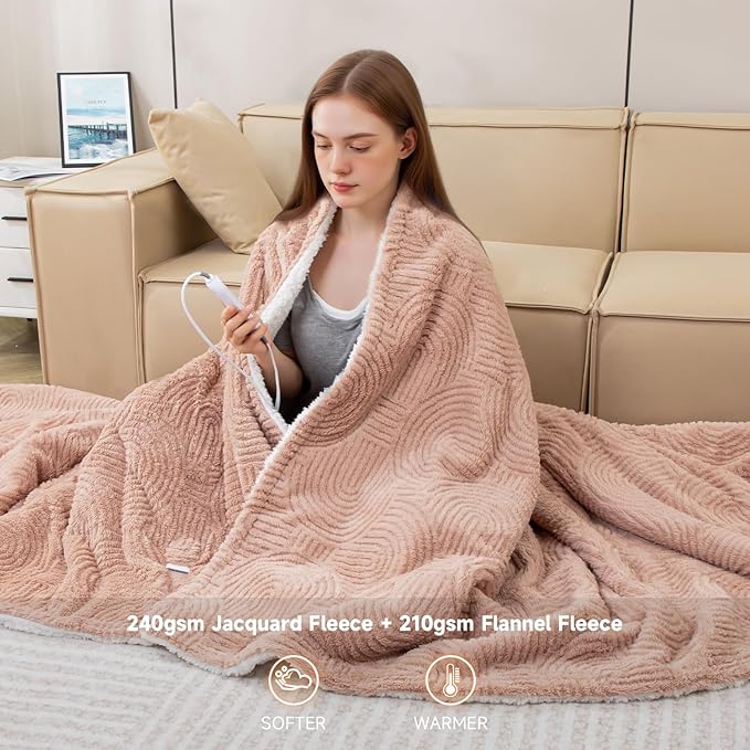 Heated Blanket Full Size - 72"x84" Cozy Soft Jacquard Heating Blanket with 4 Heat Levels & 10 Hours Auto-Off, Jacquard Fleece, Overheating Protection, Warm Gifts, Brown
