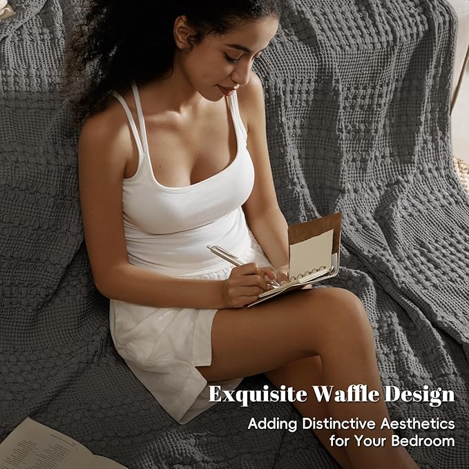 PHF 100% Cotton Waffle Weave Blanket Queen Size for Bed, Soft Lightweight & Breathable, All-Season Comfort, Luxury Aesthetic Woven Bedding for Home Decor, 90"x90", Charcoal Grey