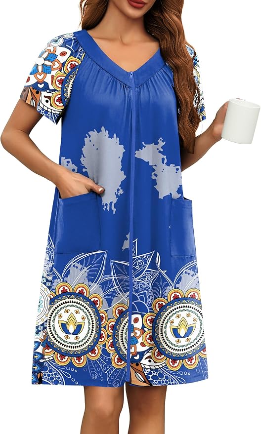 Ekouaer Women Robe Zipper Front Mumu Duster Robes Zip Up Housecoat Soft Sleepwear with Pockets S-3XL
