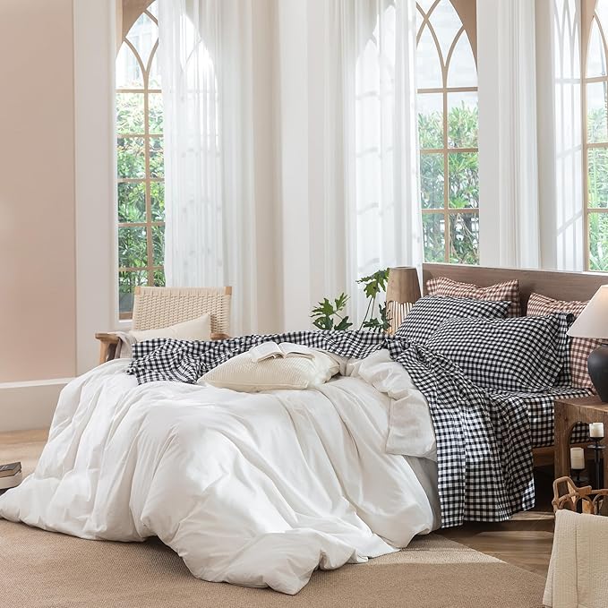 MooMee Gingham Sheet Set 100% Washed Cotton Linen Like Textured Breathable Soft w/Fully Elasticized 16-19" Deep Pocket (Classic Gingham Black White, Queen)