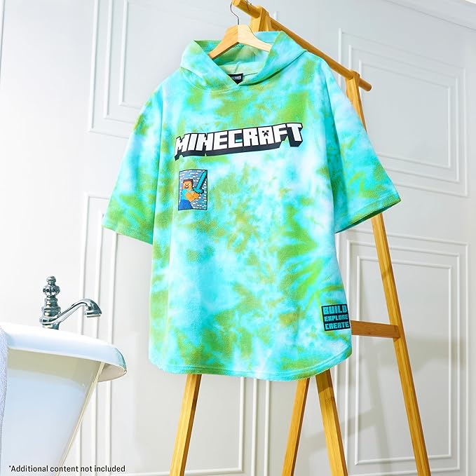 Minecraft Towelling Poncho Kids Teens Hooded Bath Towels Absorbent Beach Towel (Green Tie Dye, 6-9 Years)