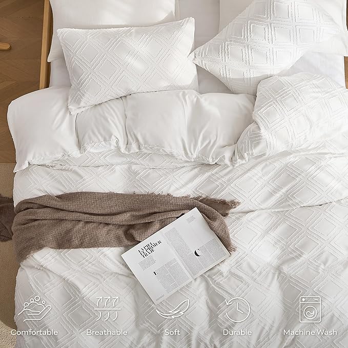 JELLYMONI Duvet Cover Twin Size Bright White - 3PCS Boho Duvet Cover Set Plaid Polyester Tufted Bohemian Jacquard Knit Textured Comforter Cover 68×90in Rhombic Geometric Pattern Corner Ties & Zipper